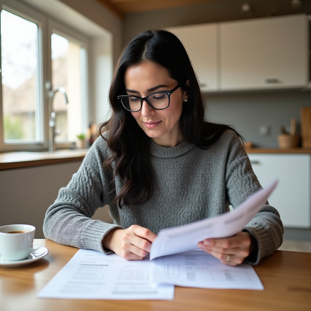 Homeowner at kitchen table carefully reviewing a solar installation quote document