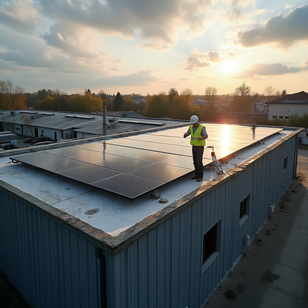 Small commercial building with newly installed solar panels on flat roof, technician performing final checks