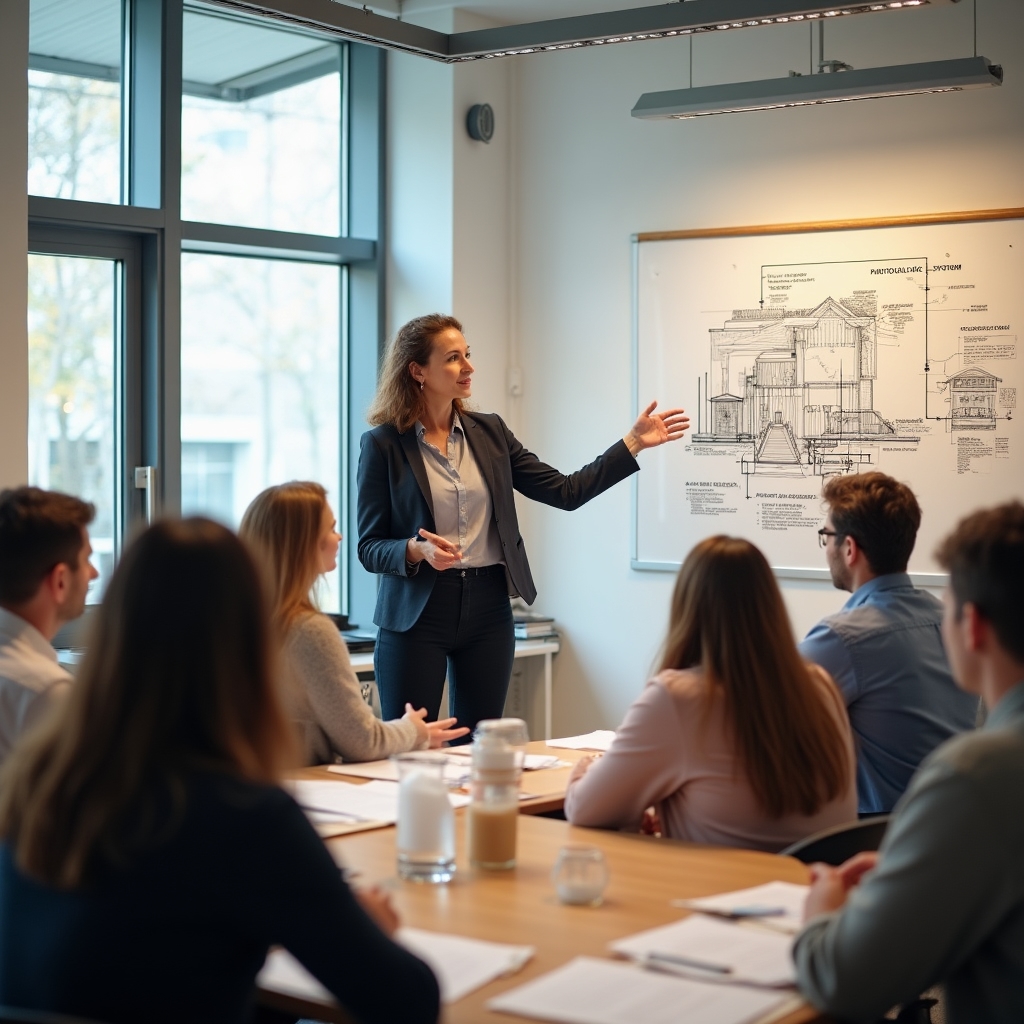 Solar energy educator presenting to a small group of attentive adults in a bright workshop room with diagrams on the wall