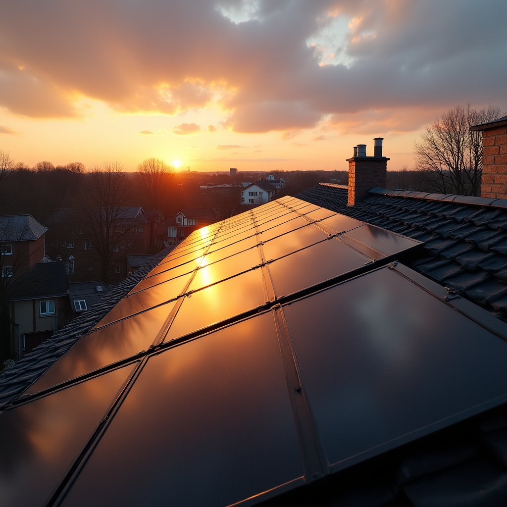 Solar panels on a residential rooftop bathed in warm golden morning light
